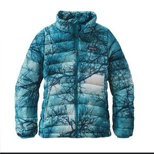 Patagonia Down Puffer Jacket Blue Tree Print Girls XXL / Women XS